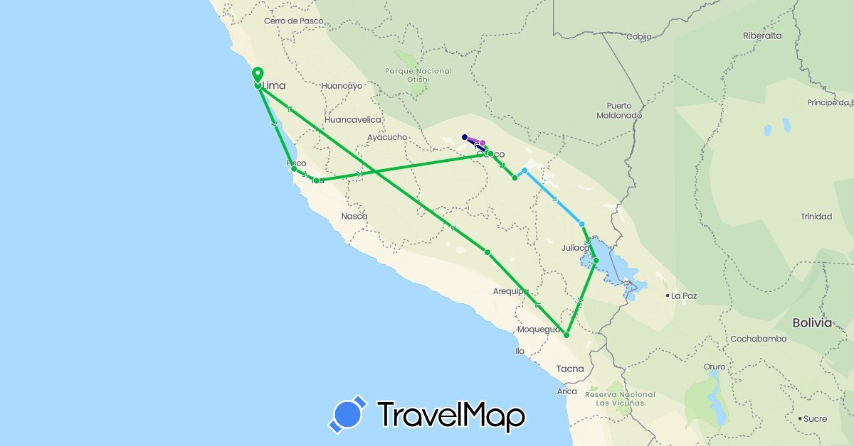 TravelMap itinerary: driving, bus, train, boat in Peru (South America)